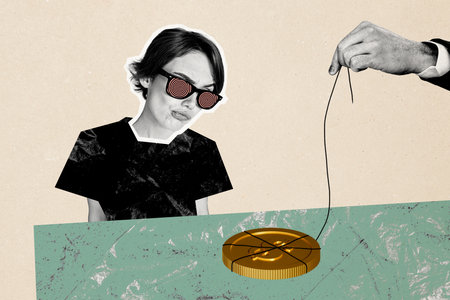Composite photo collage of dissatisfied girl pouted lips look trick bait golden coin string income...