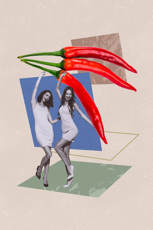 Composite trend artwork photo collage of beige color backdrop red hot pepper chili vegetable two young lady rest carefree dance attractiveの写真素材