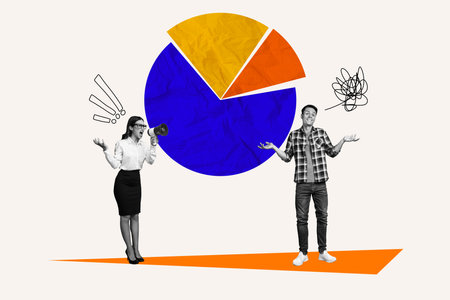 Composite photo collage of angry businesswoman scream megaphone lazy guy employee diagram statistics isolated on painted backgroundの写真素材