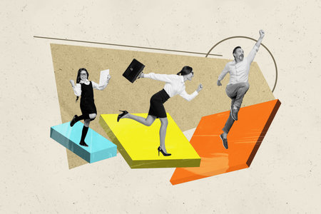 Composite photo collage of excited girls guy run promotion business partners development success 3d platform isolated on painted backgroundの写真素材