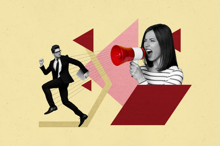 Creative collage young woman businessman boss scream yell shout commander entrepreneur manager organization worker coporate disciplineの写真素材