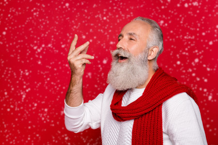 Profile side photo of cheerful retired pensioner showing fingers screaming wearing white sweater...