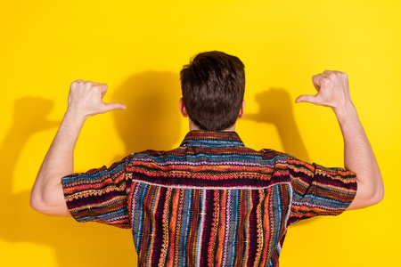 Rear photo of nice young man point fingers hair wear shirt isolated on yellow color background