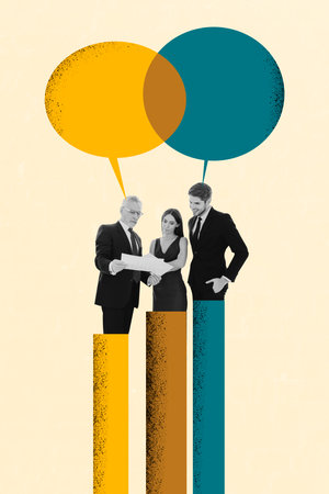 Vertical photo collage of three serious business people project work discussion colorful bubble talk isolated on painted backgroundの写真素材