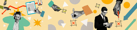 Composite panoramic collage of business project signature approval deny check cross pen hands arrow...