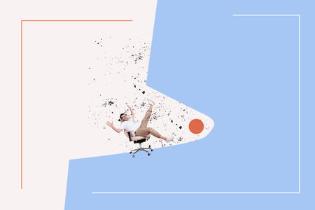 Composite photo collage of excited man employee ride office chair development path career progress isolated on painted backgroundの写真素材