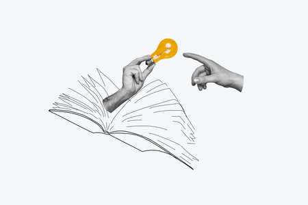 Composite trend artwork sketch collage of copyspace miniature hand appear draw book read arm finger touch gesture idea lamp imaginationの写真素材