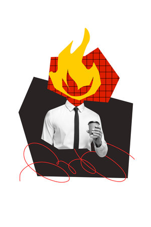 Composite trend artwork sketch image collage of caricature portrait young man hold coffee cup drink...