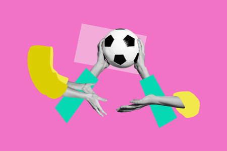 Composite trend artwork sketch image collage of many huge bodyless hand show gesture hold football game ball soccer give take team sportの写真素材