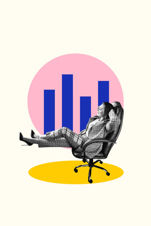 Composite trend artwork sketch photo collage of young lady businesswoman formalwear sit office armchair relax comfy graphics stats traderの写真素材