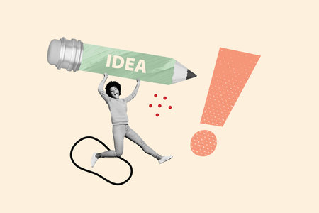 Composite photo collage of happy american girl hold big pencil idea drawing business project tactics finding isolated on painted backgroundの写真素材