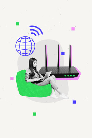 Vertical composite artwork collage image picture of girl use laptop big router wifi connection isolated on creative backgroundの写真素材