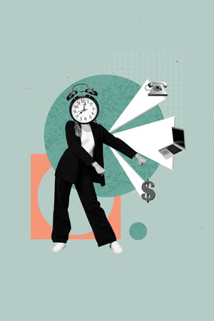 Composite trend artwork image photo collage of office manager success young lady headless work laptop earn money call phone clock headの写真素材