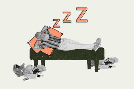 Collage 3d pinup pop retro sketch image of sleepy homeless man lying bench isolated painting backgroundの写真素材