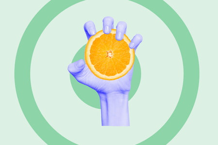 Composite photo collage of hand press orange juice tropical cocktail beverage exotic fruit organic isolated on painted backgroundの写真素材