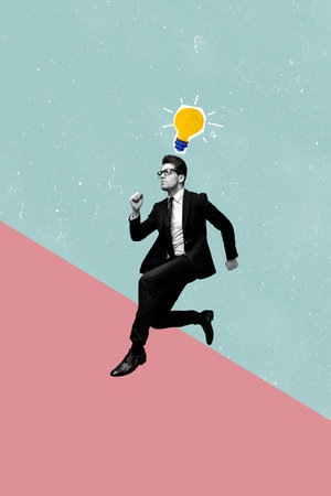 Vertical collage poster young businessman run lightbulb lamp idea invention achieve goal smart thought eureka startup strategyの写真素材