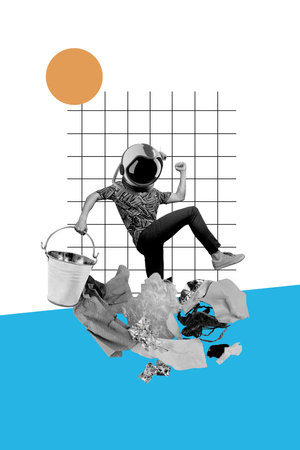 Composite trend artwork 3D sketch image photo collage of young man incognito head spacesuit clean water ocean trash eco pollution garbageの写真素材