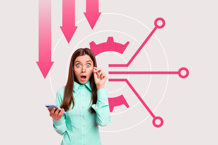 Composite photo collage of astonished girl hold phone gearwheel interface arrow reduction bankrupt...