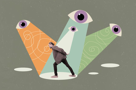 Creative collage picture young man carry back heavy eyesight supervision look stare watching...