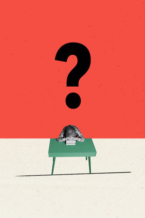 Vertical photo collage of sad tired businesswoman lay table workplace question mark dilemma contemplation isolated on painted backgroundの写真素材