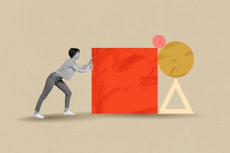 Composite photo collage of happy business girl push figures shape development success aim growth isolated on painted backgroundの写真素材