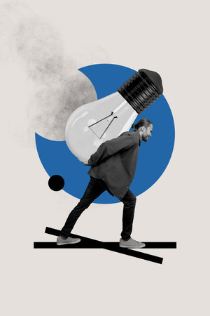 Composite trend artwork sketch image photo collage of monochrome young man hand hold huge idea lamp smart decision invention carry heavyの写真素材