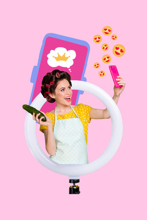 Composite trend artwork sketch image collage of young lady housewife selfie hold smartphone broadcast blogger influencer lifestyle emojiの写真素材