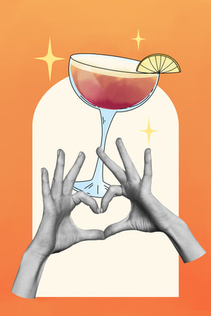 Vertical photo collage of hands show heart gesture martini glass lemon slice alcohol party bartender isolated on painted backgroundの写真素材