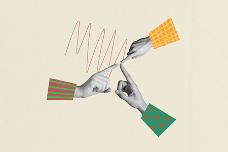 Composite trend artwork sketch image collage of group three different hands reach out finger touch friendship support together connectionの写真素材