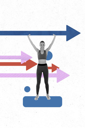 Composite trend artwork sketch image photo collage of huge arrow direction up trader business small young lady sportswoman stand hand upの写真素材