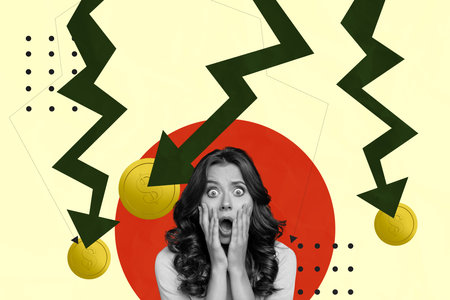 Creative trend collage of confused scared female arrow point down abundance crisis inflation freak bizarre unusual fantasyの写真素材