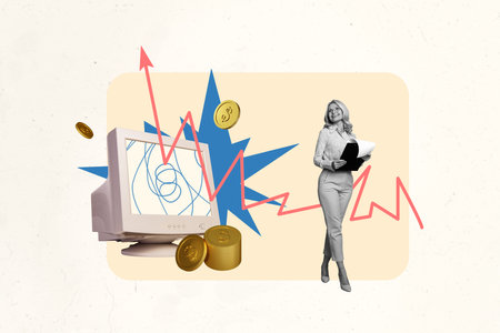 Creative collage picture mature lady businesswoman computer screen web finance market forex trading successful investor internetの写真素材
