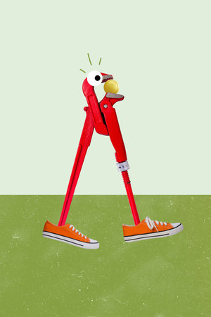 Vertical photo collage of adjustable wrench human imitation wear sneakers eyes hold money coin...