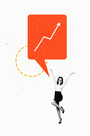 Vertical composite artwork collage image picture of mini excited girl arrow up dialogue bubble isolated on creative backgroundの写真素材