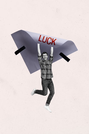 Composite trend artwork 3D sketch image photo collage of monochrome miniature young man student hand hold page sheet hanging luck successの写真素材