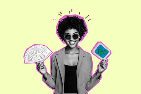 Composite photo collage of happy american girl hold dollar income success deal checkmark sign profit usd isolated on painted backgroundの写真素材