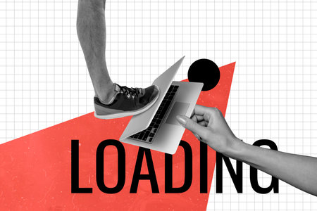 Composite photo collage of leg steep close laptop hand trojan virus loading it master service cybersecurity isolated on painted backgroundの写真素材