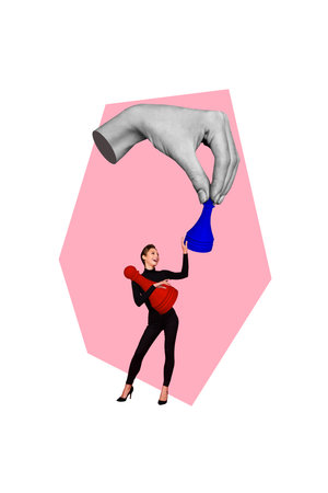 Vertical photo collage of happy girl hold chess figurine board game winner success strategy hand opponent isolated on painted backgroundの写真素材