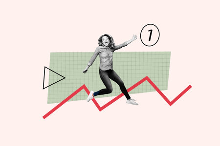 Composite photo collage of happy girl jump graph development statistics first place leader promotion isolated on painted backgroundの写真素材