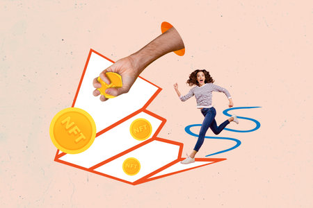 Creative picture collage young girl run nft virtual currency golden coins tokens earnings profit trader bitcoin investorの写真素材