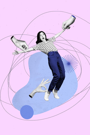 Composite trend artwork sketch image collage of monochrome puppeteer young lady keep balance...