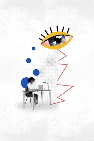 Composite trend artwork image photo collage of eyes control vision look headache young woman blind sit work laptop online security spyの写真素材