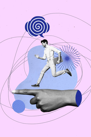 Vertical photo collage of happy freelancer man run laptop device hand point direction promotion...