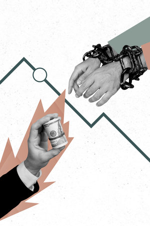 Composite trend artwork sketch image photo collage of graphics business trader hand wrist wear chain jail trap work money roll motivationの写真素材