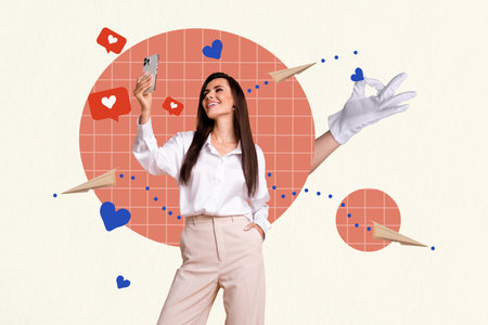 Creative collage young cheerful woman smartphone blogger communication messenger app correspondence like follow subscribe smmの写真素材