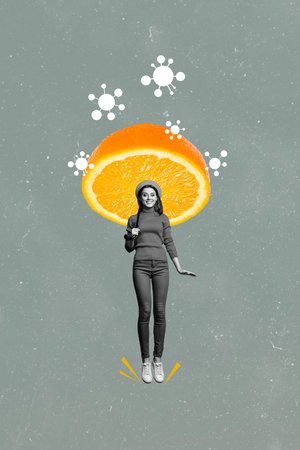 Vertical photo collage of happy girl hold umbrella imitation orange half tropical fruit detox diet summer isolated on painted backgroundの写真素材
