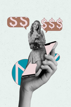 Vertical photo collage of happy girl hold grocery basket peek phone screen online shopping dollar sign message isolated on painted backgroundの写真素材