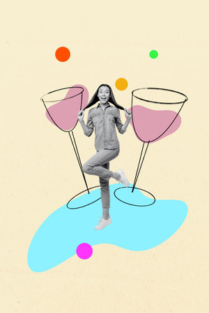 Vertical photo collage of happy girl dance weekend alcohol occasion toast liqueur beverage addiction isolated on painted backgroundの写真素材
