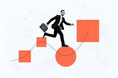 Composite photo collage of serious businessman run development concept figure shape success employee progress isolated on painted backgroundの写真素材