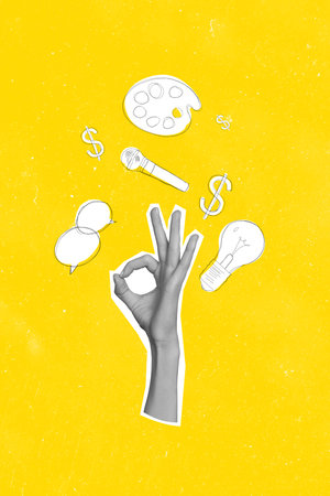 Composite trend artwork sketch collage of monochrome silhouette arm hand gesture nonverbal language speech cloud idea lamp money dollarの写真素材